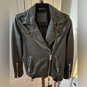 All Saints Charcoal Leather Jacket with Silver Accents